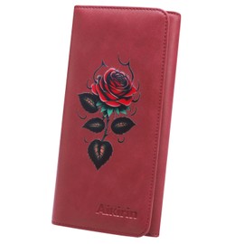 Aikirin RFID Leather Wallet for Women Painted Bifold Long Ladies Clutch Purse Credit Cards Holder Coin Pocket - 16 Card Slots (dark red-rose)