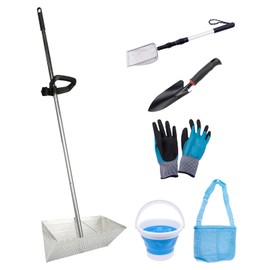 Sand Fleas Rake Set,Detachable 52 Inches Long Handle,Includes 1pcs Sand Flea Rake,1pcs Sand Sifter,1pcs Beach Bag,1pcs Black Beach Shovel,1pcs Foldable Fishing Bucket,One Pair of Gloves