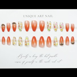 CJDLTS Thanksgiving Day Press on Nails Almond Tip Maple Leaf False Nail Full Cover Glossy Gradient Stick on Nail Acrylic Rhinestones Artificial Fingernails Fall Festival Glue on Nails for Women 24Pcs