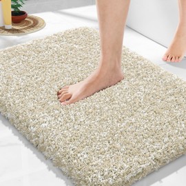 Yimobra Bathroom Rugs Non Slip Washable 24x17, Ultra Soft and Water Absorbent Bath Mats, Plush Fluffy Shower Mat Outside, Microfiber Thick Matts for Bathroom Floor/Sink, Beige and White