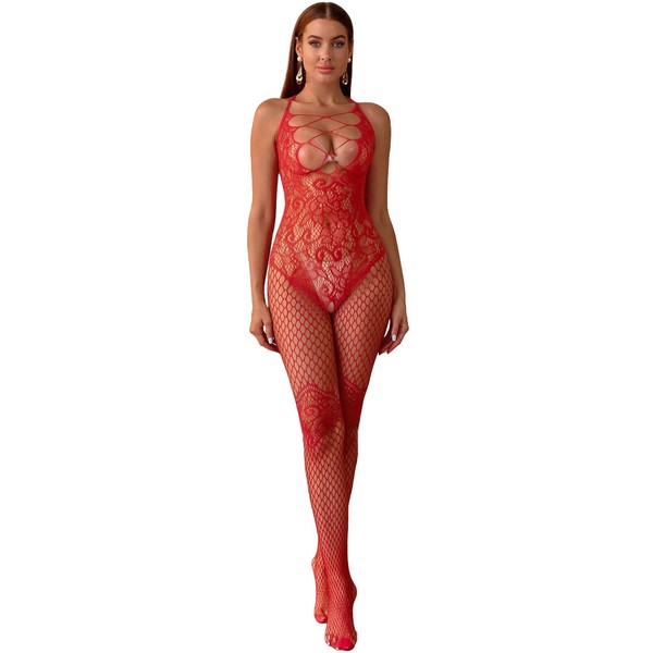 Bommi Fairy Women's Lingerie Floral Lace Halterneck Fishnet Teddy Mesh Lingerie Sexy Shapewear Clubwear Stretch Crotchless Bodystocking Hollow-Out Tights, red