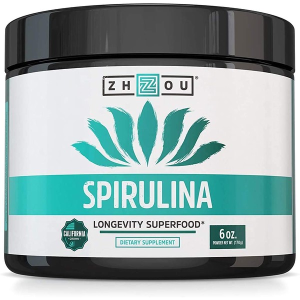 Zhou Spirulina Powder | 100% Vegetarian, No Gluten, Non-GMO & Non-Irradiated | Perfect for Smoothies, Juices & More | 48 Servings, 6 oz