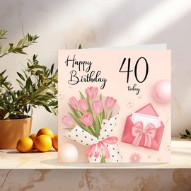 40th Birthday Card for Women - Ladies Pink floral Birthday Cards for 40 year old woman forty, fortieth Mum Nan Aunt Daughter Friend Niece Sister Wife Girlfriend Girls for her