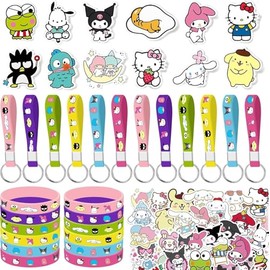 Joi-Fun 86pcs Cartoon Birthday Party decorations Set Included 12 Bracelets, 12 Acrylic Pins, 12 Keychains, 50 Stickers, for Boys and Girls Cartoon Theme Party