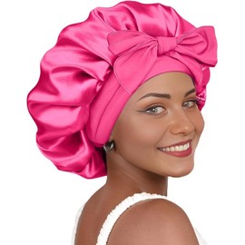 Satin Silk Bonnet Sleeping HYALURONIC Acid Satin Bonnet for Double Moisture Curly Hair Anti-Frizzy Cute Large Shower Night Sleep Cap with Adjustable Tie Band for Women and Men (Medium Hot Pink)