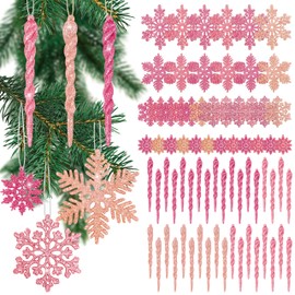 K1tpde 72PCS Glitter Icicle Christmas Snowflake Ornaments for Christmas Trees Plastic Icicle Snowflake Tree Ornaments Christmas Hanging Decorations for Winter Holiday Xmas Tree Window(Pink&Rose)
