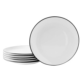 YOLIFE 10 inch Porcelain Dinner Plate Set of 6 - Round White Plates with Black Edges