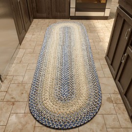 Super Area Rugs Ridgewood Premium Braided Rug for Kitchen and Home Decor Blue/Beige, 2' X 6' Oval Runner