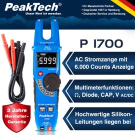PeakTech 1700 - TRUE RMS Fork Current Clamp 200A AC Voltage Detector with LCD Display, Fork Shaped Clamp Meter, Non-Contact Voltmeter, Continuity Tester, Tester - Max 1000V, Blue