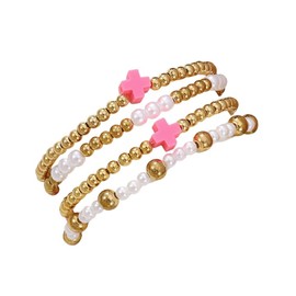 QRH Colorful Pearl Beaded Cross Bracelets Stackable Resin Cross Bracelets Pearl Gold Beaded Bracelets Cross Stretch Bracelets Set Religious Christian Bracelet Catholic Jesus Bracelets for Women Men,