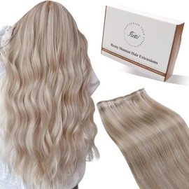 Hetto Sew in Hair Extensions Real Human Hair Blonde Highlights Weft Hair Extensions Human Hair Ash Blonde Highlight Sew in Hair Extension Short for Women Invisible 12 Inch 70g