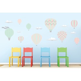 Hot Air Balloons Fabric Wall Decals - Jumbo Size in Pastel - Five Color Options Available - Set of 9 Hot Air Balloons and Clouds