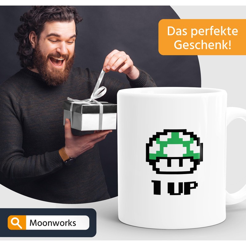 MoonWorks Coffee Cup Birthday Retro Pixel Mushroom 1-Up Mushroom Level-Up