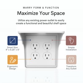 Storage Theory Power Perch Double Wall Outlet Shelf - Smart Home Organization Bedroom, Space Saving Bathroom Organization for Toothbrushes, Speakers, Echo, Phones. Easy Installation - White - 2 Pack