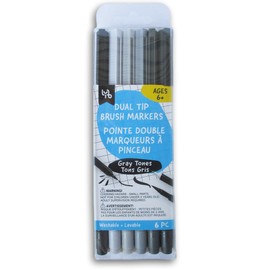 Dual Brush Tip Markers, Grayscale, Pen Art- Washable - 6-Pack