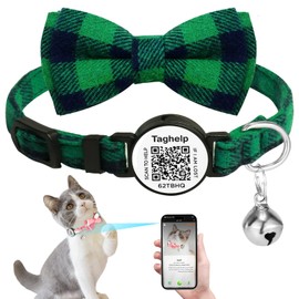 Upgraded Cat Collar with Bells, Breakaway Cat Collars with Bow Tie, Girl Boy Safety Plaid Kitten Collars with QR ID Tag for Girl Boy for Cats,QR Code Cat ID Tags - Pet Online Profile (Green)