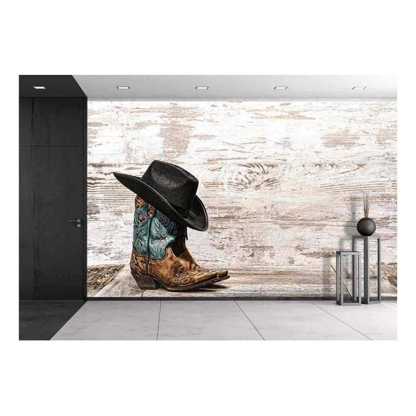 wall26 - American West Rodeo Black Cowboy Hat ATOP Pair of Designer Fashion Leather Cowgirl Boots - Removable Wall Mural | Self-Adhesive Large Wallpaper - 66x96 inches