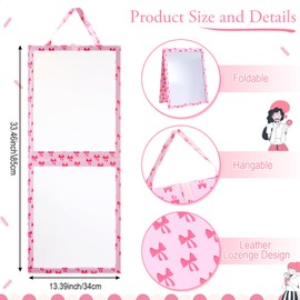 Chunful Pink Bow Backstage Hanging Mirror with Handle 33.5 x 13.4 Inch Leather Folding Hanging Mirror Rectangular for Travel Dance Bag Home Fitness Spa Gift for Dancers