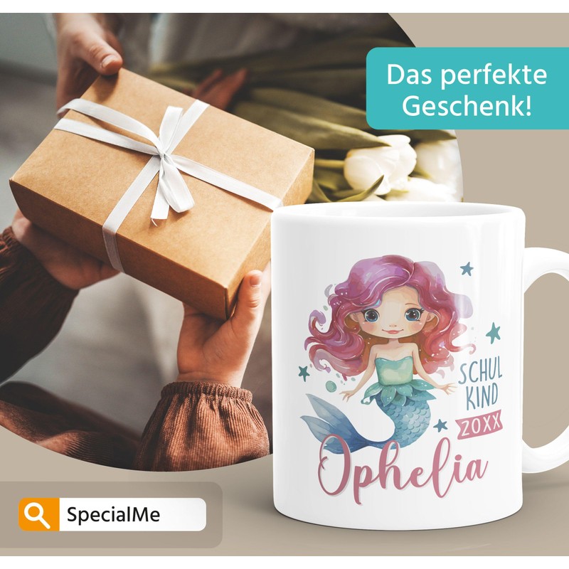 SpecialMe® Tasse Geschenk Einschulung 2025 personalisiert mit Namen Meerjungfrau Kindertasse