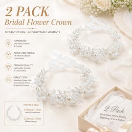 2 Pcs Flower Girl Headpiece, Silver Pearl Rhinestone Flower Hair Accessories Princess Headband for Bridal Wedding First Communion (pink)