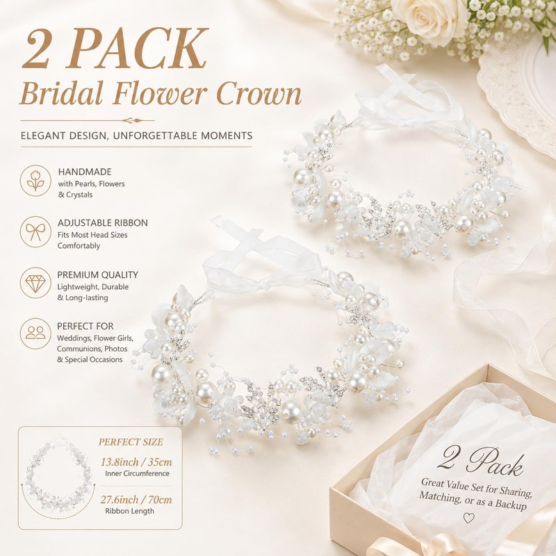 2 Pcs Flower Girl Headpiece, Silver Pearl Rhinestone Flower Hair