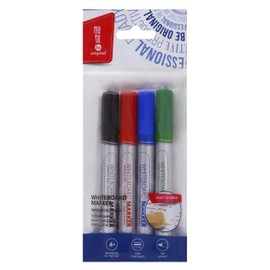 memobe Board Marker Pack of 4, Line Width 2-3 mm, Bullet Tip, Assorted Colours (1 x Black, 1 x Green, 1 x Red, 1 x Blue), L138 x Diameter 16 mm, Wipe-Clean, Quick-Drying