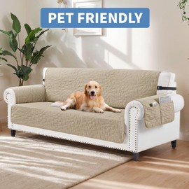 CUCRAF Non Slip Quilted Sofa Cover, Water Resistant Slipcover Furniture Protector for 2 Cushion Sofa Pet Friendly, Washable Couch Cover with Adjustable Elastic Straps (Medium-XL Loveseat, Khaki)