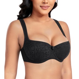 DotVol Women's Plus Size Wide Straps Lace Demi Underwire Lightly Padded Balconette Bra(Black,38C)