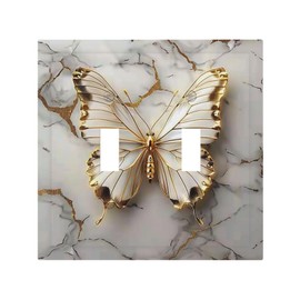 Wpshijia Light Switch Cover Plate Gold White Butterfly Luxury Abstract Marble 2 Gang Double Toggle Decorative Switch Plates Wall Plates Electrical Faceplate Wall Panels for Bathroom Kitchen Decor