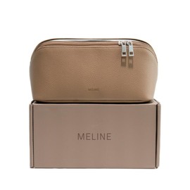 MELINE Travel Makeup Bag – Large Capacity Cosmetic and Toiletry Organizer with Divider and Handle, Waterproof Flat-Open Design, Portable Pouch for Women (Taupe)