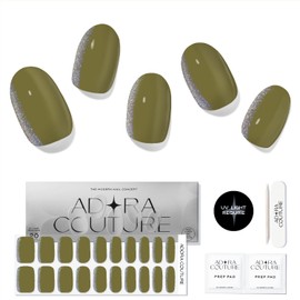 Adora Couture Semi Cured Gel Nail Strips | 20pcs Glossy Olive Green Moss Sage Glitter Gel Nail Sticker | Gel Nail Stickers with UV Light Required (Olive Joy)
