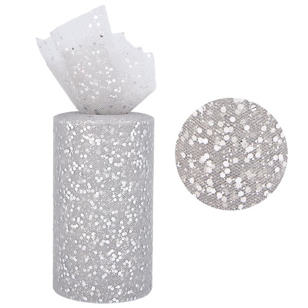 CABODYALS 50 Yards 5.9 Inch Silver Tulle Roll Sparkle Sequins