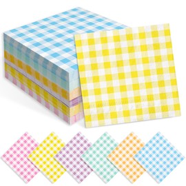 Whaline 120Pcs Gingham Cocktail Napkins 6 Pastel Colors Plaid Paper Napkins Colorful Checkered Disposable Dinner Napkins for Spring Summer One Silly Goose Party Table Decorations