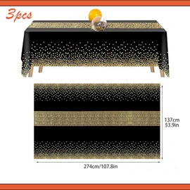 ZSYIULIA 3 pcs Plastic Disposable Tablecloths, 137x274cm Party Table Cover, Black and Gold Dot Confetti Rectangular Party Table Cover for Picnic, Christmas, Birthday, Baby Shower Decorations
