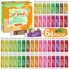 64 Pack Lip Balm Bulk with Vitamin E and Natural Coconut Oil, Moisturizing, Hydrating, Soothing and Repair Dry Wrinkle Chapped Lips, Mini Chap Stick Gifts for Kids Women Men - 16 Flavored