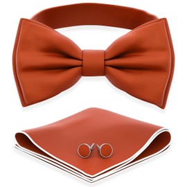 Men's Bow Ties with Handkerchief & Cufflinks Pre-Tied Style Formal Satin Classic Bowtie for Tuxedo Faux Silk, by Adam Young, 19 Burnt Orange, L - (adults)