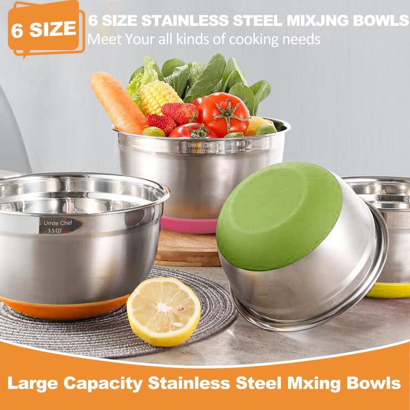 Umite Chef Mixing Bowls with Airtight Lids, 6 Piece Stainless