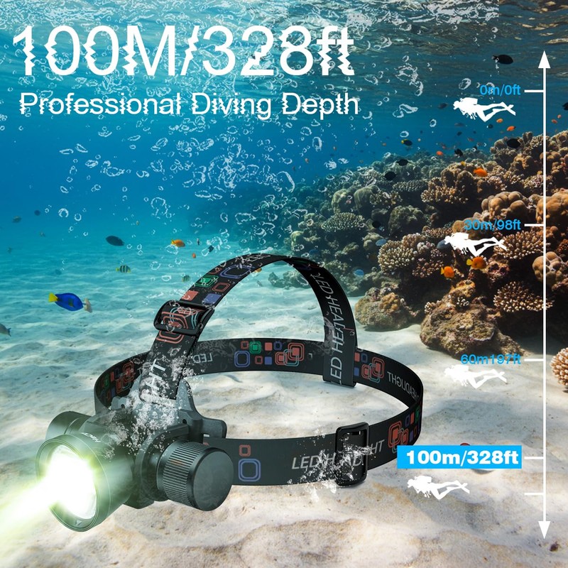 HECLOUD 3000 Lumens Super Bright Diving Headlamp IP68 Waterproof Dive