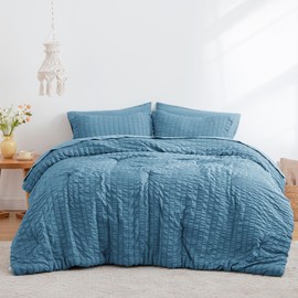Love's cabin Seersucker Misty Blue Queen Comforter Set 7 Pieces, All Season Bedding Set, Queen Bed in a Bag with Comforter, Flat Sheet, Fitted Sheet, Pillowcase and Pillow Sham