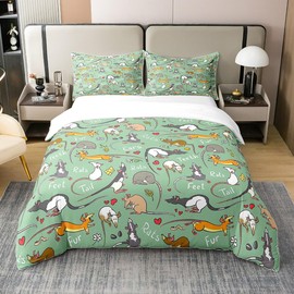 100% Washed Cotton Children's Rat Bed Linen Set, Mouse Rodent Duvet Cover, 135 x 200 cm, Funny Animal Love Heart Comforter Cover for Boys Bedroom, Cartoon Style Quilt Cover, Decorative Room, Green