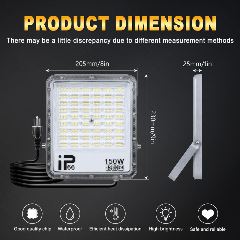 Willpower 2X 150W Flood Lights Outdoor,15000LM Bright Floodlight with Plug