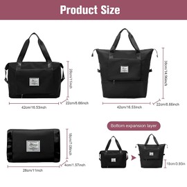 Large Capacity Folding Travel Bag, Travel Lightweight Waterproof Carry on Luggage Bags with Fixed Strap, Dry and Wet Separation Foldable Travel Duffel Bag for Weekender Overnight Sports Gym (Black)