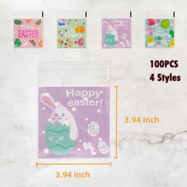 AXYEEUR 100 PCS Easter Candy Bags,Easter Bunny Self Adhesive Cookie Bags,4 Styles Clear Cellophane Treat Bag for Party Favors Supplies