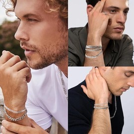 PABBEU 5 Pieces Bracelet Homme Argent, Homme Gourmette Chaîne Bracelet en Acier Inoxidable, Classic Polissage Bracelet Acier Inoxydable Homme Cadeau Fête des Pères Saint Valentin Anniersaire Noël, No