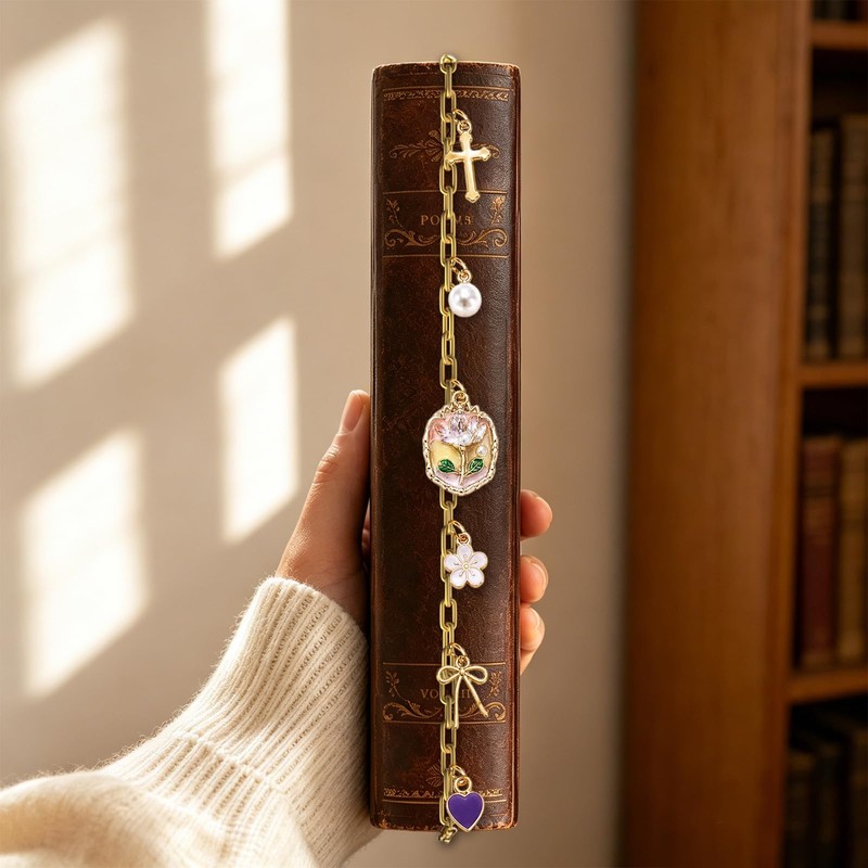Floral Pearl Heart Bow Bible Charm Chain Christian Bookmark