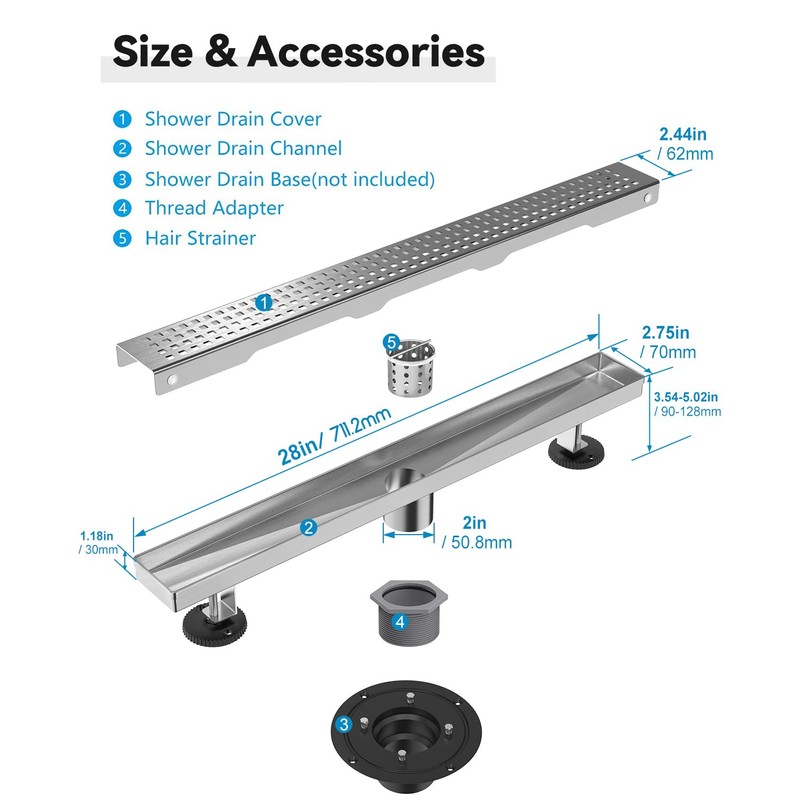 HTOH Linear Shower Drain, Shower Drain 28 Inch(Brushed Nickel), Modern