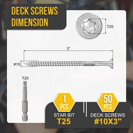 DTGN #10x3" Deck Screws - 50Pack - Good for Decks, Fences, Frames, Outdoor Furniture - 410 Stainless Steel Wood Decking Screws W/ T25 Torx Star Drive Bit - Silver