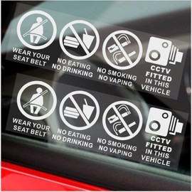 2 x VEHICLE Stickers No Eating Drinking Smoking Vaping Wear your Seat Belt Signs CCTV Fitted Security Protection Health and Safety Window Minibus Cab Notice Reverse 150x50mm White On Clear