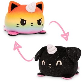 TeeTurtle - The Original Reversible Cat + Dog Plushie - Black Sparkle Puppicorn + Rainbow Kittencorn - Cute Sensory Fidget Stuffed Animals That Show Your Mood