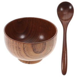 STOBAZA 2 Set Wooden Bowl and Spoon Set Tableware for Restaurant Home Natural Rice Bowl